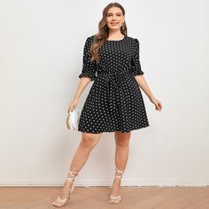 Платье размера плюс с поясом в горошек Shein