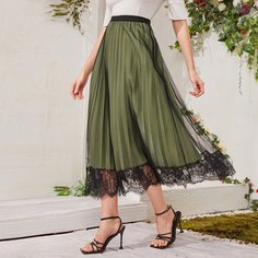 Сетчатая плиссированная юбка с кружевной отделкой Shein