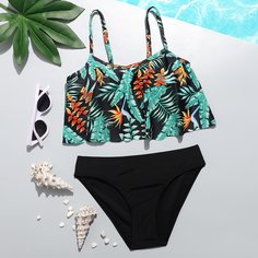 Преувеличенное кружево Тропический Бохо Купальники для девочек Shein