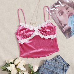 Бархатный топ с кружевом Shein
