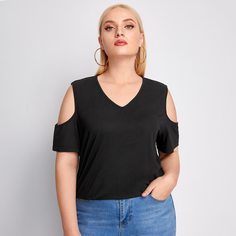 Одноцветный Повседневный Футболка размера плюс Shein