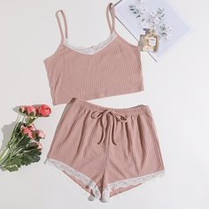 Пижама на бретельках с кружевной отделкой и узлом Shein