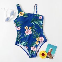 Слитный купальник с цветочным принтом для девочек Shein
