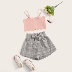 Топ на бретелях и шорты с поясом для девочек Shein