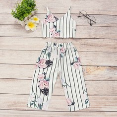 Полосатая цветочная майка и брюки для девочек Shein