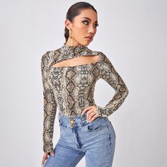с разрезом змеиный принт Элегантный Футболки Shein
