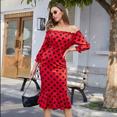 с оборками В горошек Бохо Платье Shein