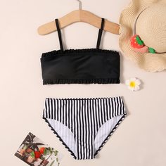 Оборка Полосатый милый Купальники для девочек Shein