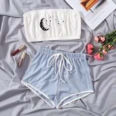 Контрастная отделка Принт космос милый Пижама Shein