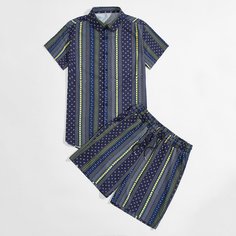 Мужские шорты на кулиске и рубашка с геометрическим принтом Shein