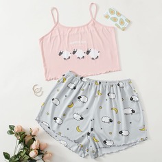 Волнистый край Мультяшный принт милый Пижама размер плюс Shein