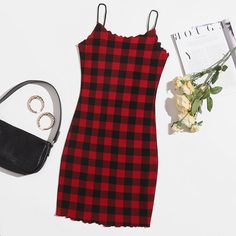 Волнистый край Клетчатый Повседневный Платья размер плюс Shein