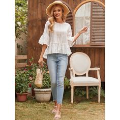 с оборками Одноцветный Бохо Блузы Shein
