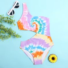 Слитный купальник на одно плечо с принтом тай-дай для девочек Shein