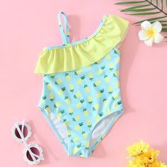 с оборками Фрукты и овощи милый Купальники для девочек Shein