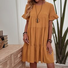 с оборками Одноцветный Повседневный Платье Shein