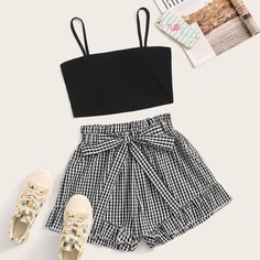 Комплект Однотонный Топ Ками И Шорты В Клетку Shein