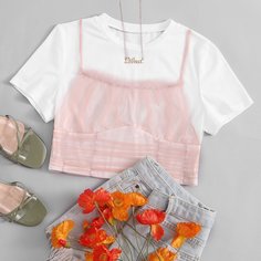 Сетчатая короткая футболка со складкой Shein