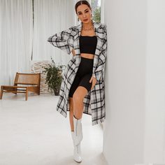 с карманами Клетчатый Повседневный Пальто Shein
