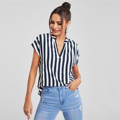 Асимметричный Полосатый Повседневный Блузы Shein