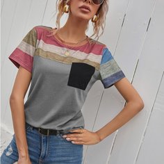 Футболка в полоску с карманом Shein