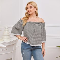 Блузка размера плюс в клетку с открытыми плечами и кружевом Shein