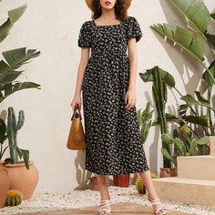 Открытая спина цветочный Бохо Платье Shein