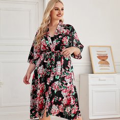 Халат размера плюс с цветочным принтом и поясом Shein