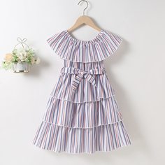 Многослойное платье в полоску с поясом для девочек Shein