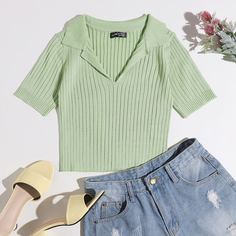 трикотажный Одноцветный Повседневный Трикотажные топы Shein
