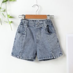 Карман Одноцветный Джинсовые шорты для девочек Shein