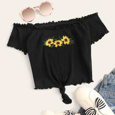 Укороченный Топ С Открытыми Плечами И Вышивкой Shein