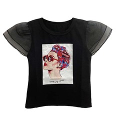 Футболка с графическим принтом и сетчатой вставкой для девочек Shein