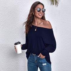 Вязаная футболка в рубчик с круглым воротником Shein