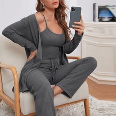 Трикотажный пижамный комплект майка, брюки и халат 3шт Shein
