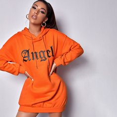Платье-свитшот на кулиске с капюшоном и текстовым принтом Shein