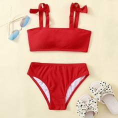 с бантом Одноцветный милый Купальники для девочек Shein