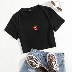 Вышивка Цветочный Повседневный Футболки Shein