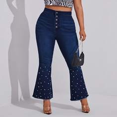 с жемчугом Джинсы размер плюс Shein