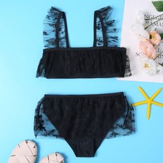 с оборками Одноцветный милый Купальники для девочек Shein