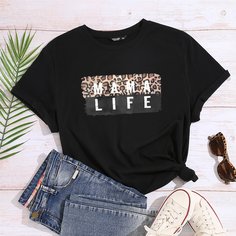 Футболка размера плюс с текстовым и леопардовым принтом Shein