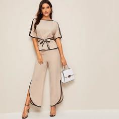 Брюки С Разрезом И Топ С Контрастной Отделкой И Поясом Shein