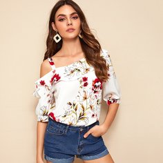 Асимметричная блуза с оборками и цветочным принтом Shein