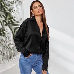 Черный Однобортный Одноцветный Очаровательный Блузы Shein