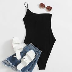 Однотонное боди на одно плечо Shein
