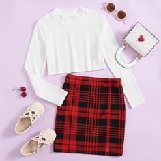 Вязаный короткий топ в рубчик и юбка в клетку для девочек Shein