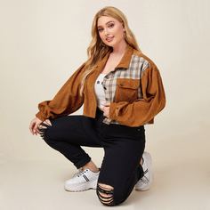Вельветовая куртка размера плюс в клетку с карманом Shein