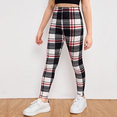 Леггинсы в клетку с высокой талией для девочек Shein
