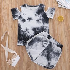 Футболка с разрезом и шорты с принтом тай дай для девочек Shein