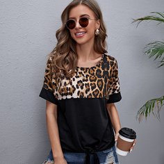 С батом перед Леопардовый Повседневный Футболки Shein
